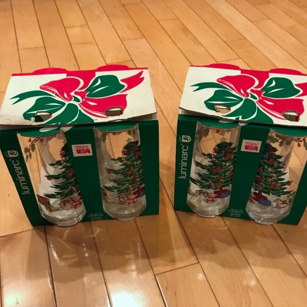 NEW Luminarc VINTAGE Christmas Tree w Toys Drinking Glasses 6" Holiday set of 4